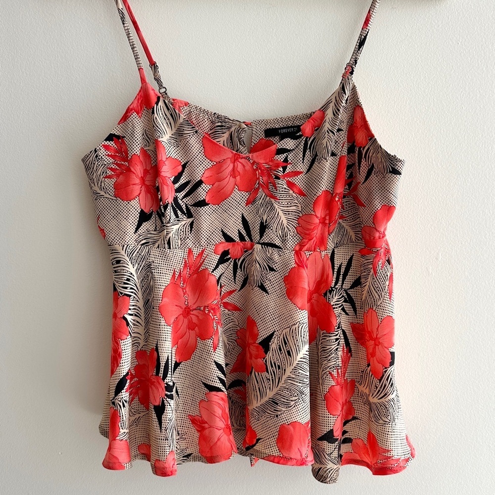 Forever 21 Floral and Polka Dot Spaghetti Strap Peplum Tank,Tan/Pink/Black,Small